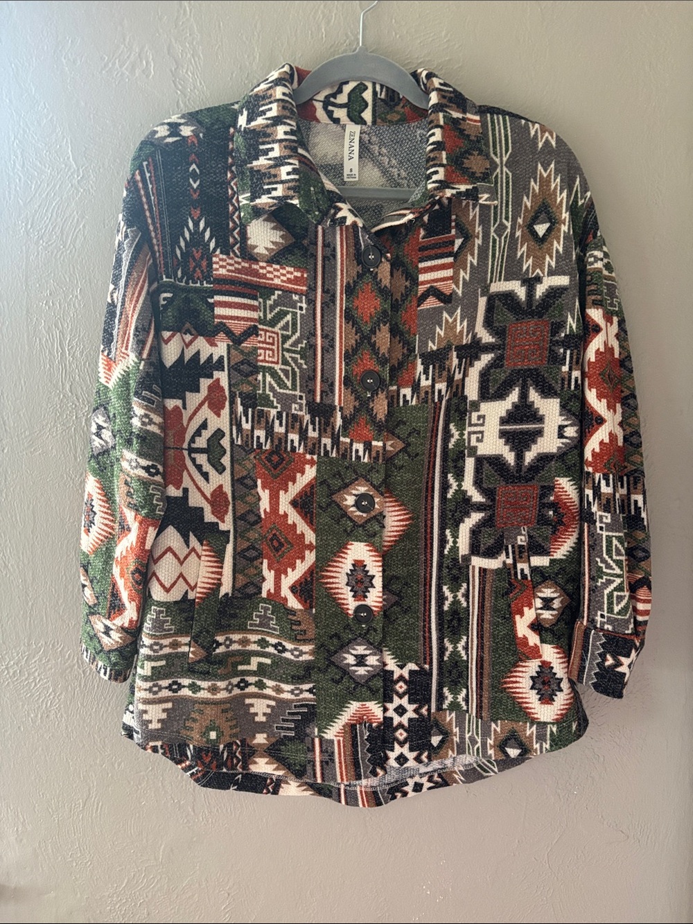 Zenana Outfitters Southwestern Button-Up Jacket in Green, Rust & Cream